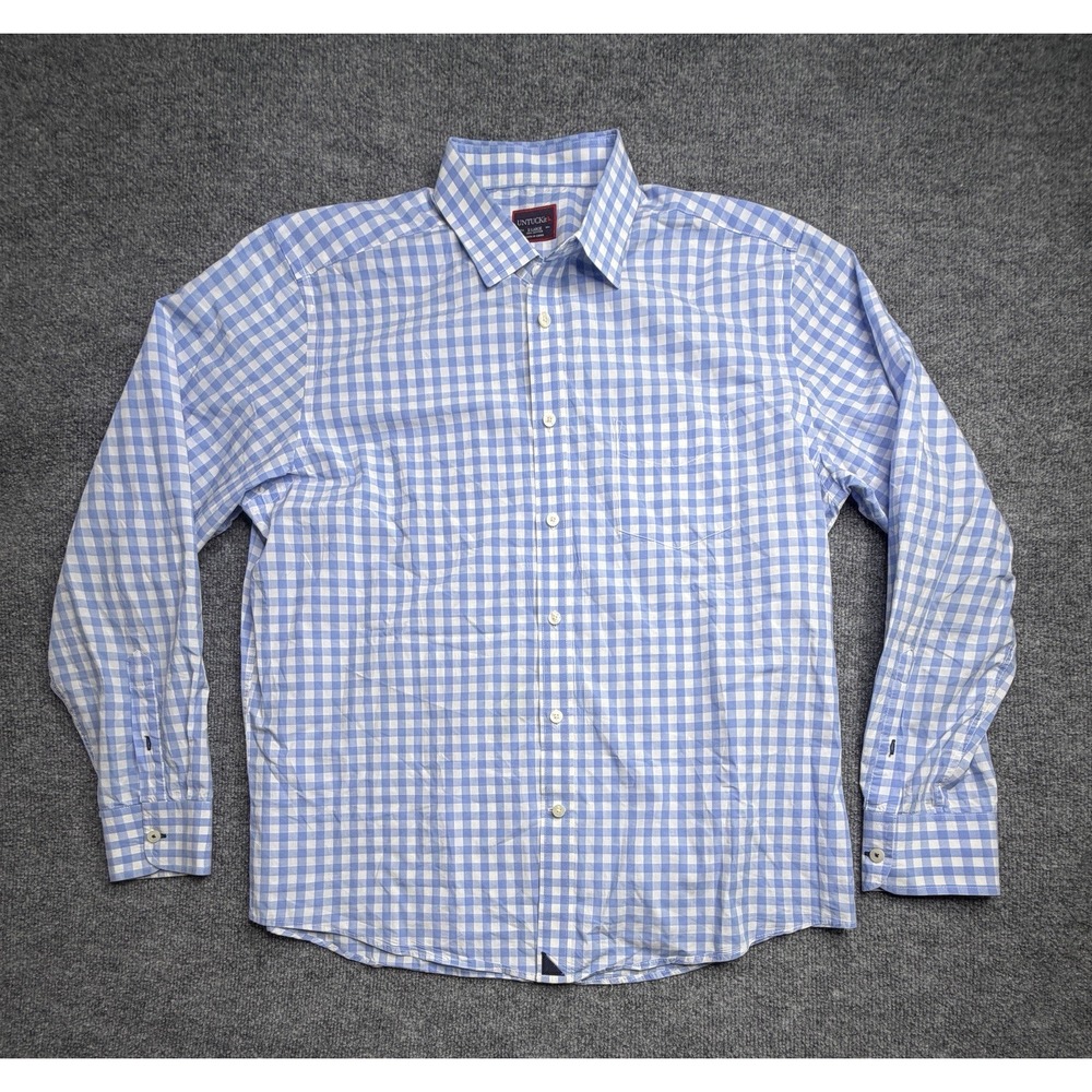 UNTUCKit Shirt Mens XL White Blue Check Slim Fit Wrinkle Free Cotton Button Down
